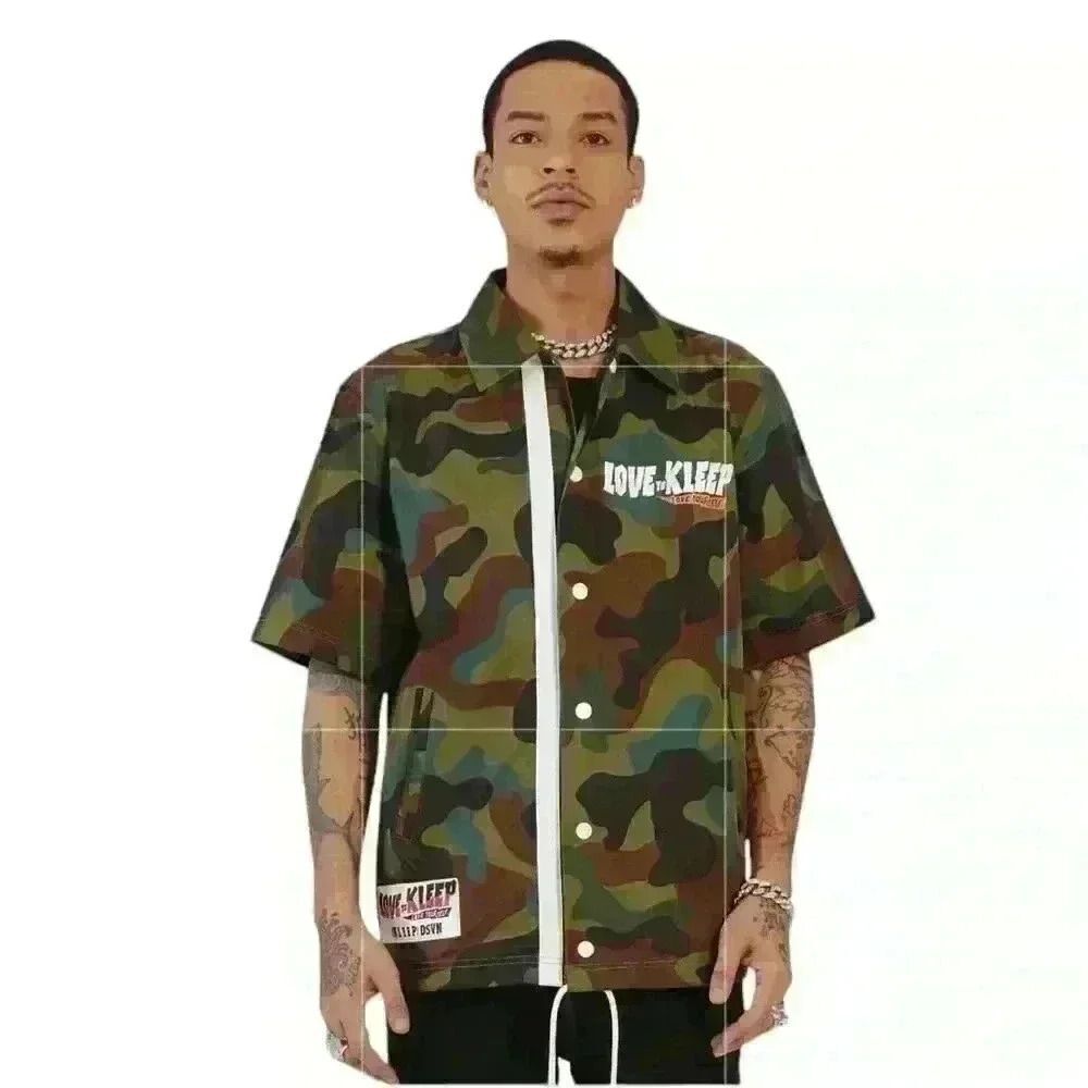 Kleep Camo Coach Jacket Mens M Green Brown Short Sleeve Snap Front Logo NWT